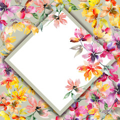 postcard watercolor flowers pozovye and orange on a gray background and frame for use in design, cover
