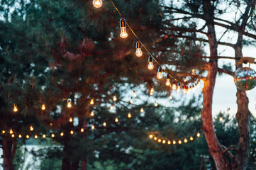 Light bulb decor in outdoor party, Wedding party - obrazy, fototapety, plakaty