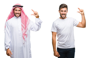 Collage of handsome young man and arab man over isolated background smiling and confident gesturing with hand doing size sign with fingers while looking and the camera. Measure concept.