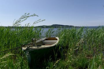Naklejka na ściany i meble A wooden boat is parked at coast of big lake. There are lot of scirpus near it. The boat is fixed by metal chain. It's stying in marshy place. The sky is clear from clouds.