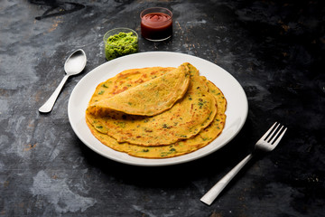 Chilla or Besan cheela is a simple pancake made with chickpea flour and some basic ingredients served with green chutney and tomato sauce, also known as veg-omelette
