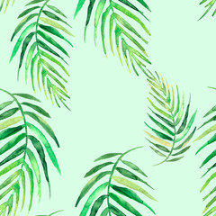 Naklejka na ściany i meble Seamless watercolor background from green tropical leaves, palm leaf, floral pattern. Bright Rapport for Paper, Textile, Wallpaper, design. Tropical leaves watercolor. Exotic tropical palm tree 