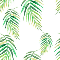 Fototapeta na wymiar Seamless watercolor background from green tropical leaves, palm leaf, floral pattern. Bright Rapport for Paper, Textile, Wallpaper, design. Tropical leaves watercolor. Exotic tropical palm tree 