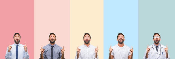 Fototapeta premium Collage of handsome man over colorful stripes isolated background amazed and surprised looking up and pointing with fingers and raised arms.