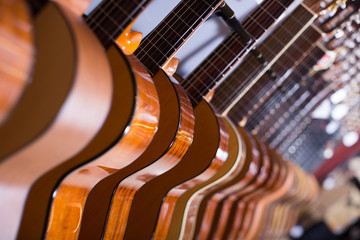 long line of new acoustic guitars in store