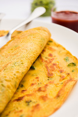 Chilla or Besan cheela is a simple pancake made with chickpea flour and some basic ingredients served with green chutney and tomato sauce, also known as veg-omelette