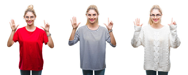 Collage of young beautiful blonde woman over isolated background showing and pointing up with fingers number seven while smiling confident and happy.