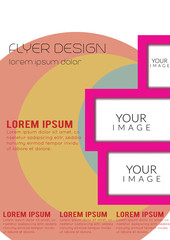 Trend poster flyer brochure cover design layout with circular shape graphic elements and place for background photography, blue and yellow color scheme, vector pattern in A4 format