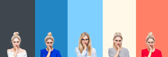 Collage of young beautiful blonde woman over vivid colorful vintage stripes isolated background thinking looking tired and bored with depression problems with crossed arms.