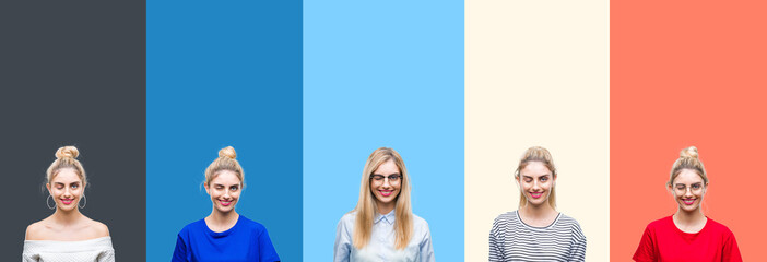 Collage of young beautiful blonde woman over vivid colorful vintage stripes isolated background...