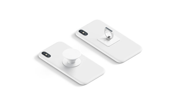 Blank White Finger Grip And Pop Socket On Phone Lying, Isolated, Side View, 3d Rendering. Empty Sticked Popsocket On Cellphones. Clear Fingergrip Accessory For Smartphone Mokcup.