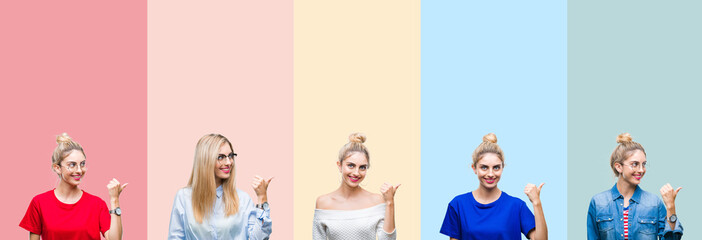 Collage of beautiful blonde woman over colorful stripes isolated background smiling with happy face looking and pointing to the side with thumb up.