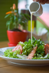 Healthy Grilled Chicken Caesar Salad with Cheese and Croutons. Selective focus