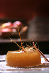 Delicious apple dessert with pudding cream. Selective focus