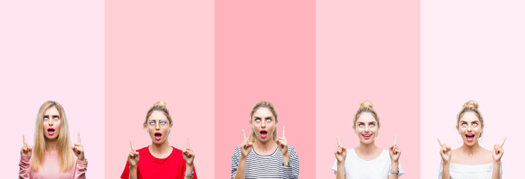 Collage of young beautiful blonde woman over vivid colorful vintage pink isolated background amazed and surprised looking up and pointing with fingers and raised arms.