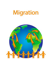 migration poster, orange people shapes and earth isolated on a white background vertical vector illustration