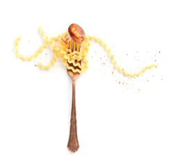 Italian pasta design. A vintage style fork with long fusilli, a fried mushroom, and pepper on a white background with copy space