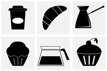 Vector black coffee icons set. All white areas are cut away from icons and black areas merged.