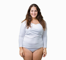 Beautiful plus size young overwight woman wearing white underwear over isolated background with a happy and cool smile on face. Lucky person.