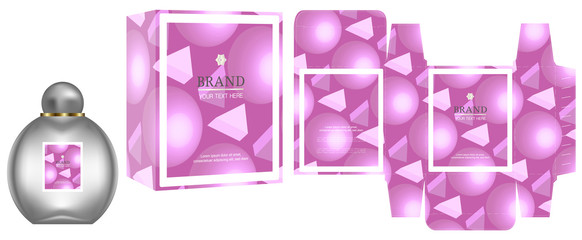Packaging design, label on perfume or cosmetic container with luxury box template and mockup box.	