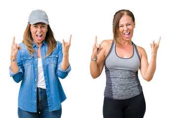 Collage of beautiful middle age woman wearing sport outfit over isolated background shouting with crazy expression doing rock symbol with hands up. Music star. Heavy concept.