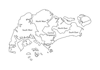 Vector isolated illustration of simplified administrative map of Singapore. Borders and names of the regions. Black line silhouettes