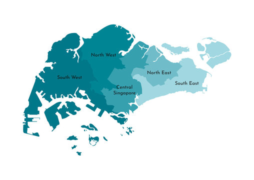 Vector isolated illustration of simplified administrative map of Singapore. Borders and names of the regions. Colorful blue khaki silhouettes