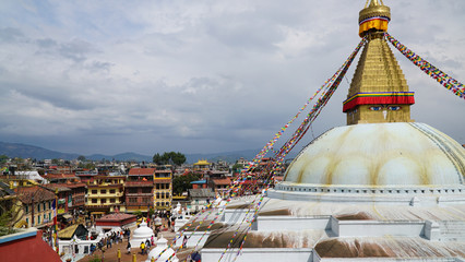 Nepal, Kathmandu. Boudhanath stupa with prayer flags