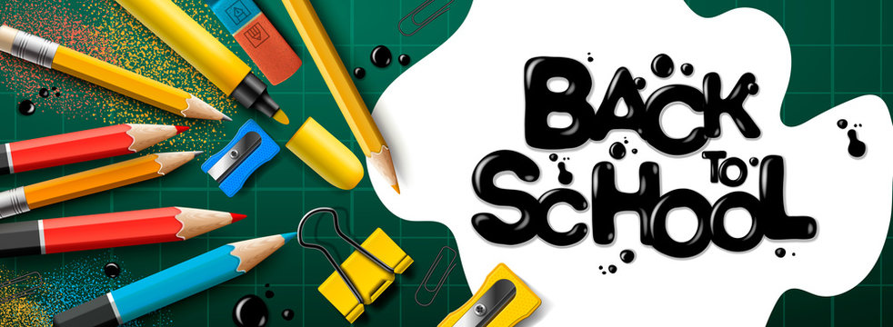 Back to school sale horizontal banner. First day of school, vector illustration.