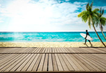 Desk of free space and summer beach landscape 