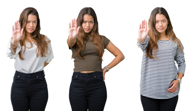 Collage of beautiful young woman over isolated background doing stop sing with palm of the hand. Warning expression with negative and serious gesture on the face.