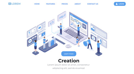 Software creation landing page isometric template. App programming and coding, website development and optimization studio team working web banner layout. Programmers and developers 3d characters