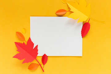 white frame on an orange background with autumn leaves of paper