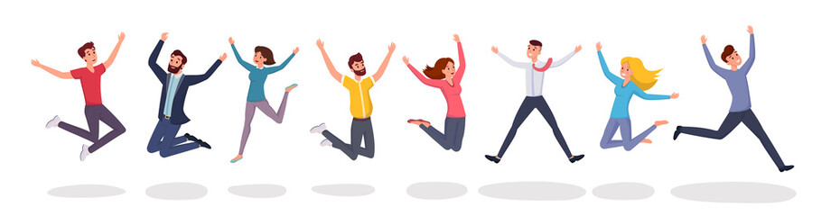 Happy jumping people flat illustration. Group jump photo, students, friends celebrate winning cartoon characters. Victory and teamwork, celebration party isolated on white background