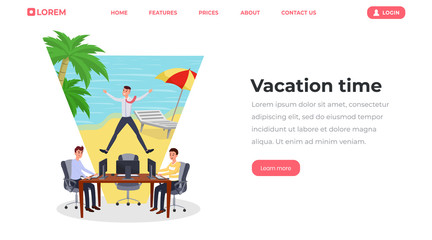 Vacation time flat landing page template. Office worker dreaming of tropical beach holiday website, webpage. Young men working on laptop, programmers, project managers cartoon characters