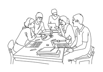 Students working funny and busy in a group class. Vector illustration black and white sketch.