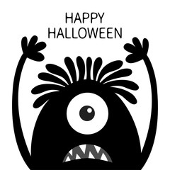 Happy Halloween. Monster head black silhouette. One eye, hair, teeth fang, tongue, hands up . Cute cartoon kawaii funny character. Baby kids collection. Flat design. White background.