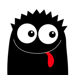 Monster head black silhouette. Happy Halloween. Two eyes, hair, showing tongue. Cute cartoon kawaii funny character. Baby kids collection. Flat design. White background.