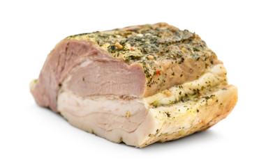 Traditionally baked meat with spices on white.