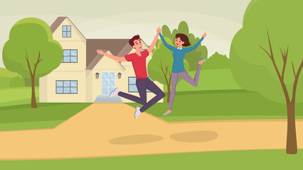 Obraz na płótnie Canvas Jumping people flat vector illustration. Excited husband and wife, man and woman, friends cartoon characters having fun. Happy couple leaping near house among trees, real estate, property