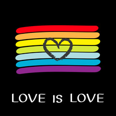 Rainbow flag. LGBT gay symbol. Love is love text quote. Heart shape. Love sign. Colorful line set. Flat design. Black background.