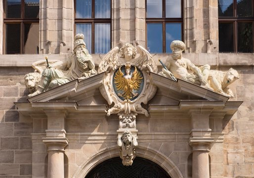 Left portal at the City Hall, historic centre of Sebald, Nuremberg, Middle Franconia, Franconia, Bavaria, Germany, Europe