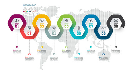 Hexagon label with color line linked infographics.