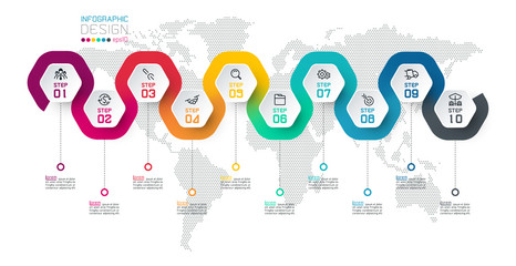 Hexagon label with color line linked infographics.