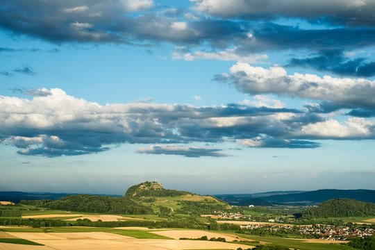 Moody lighting in the Hegau, Hohentwiel in the distance, district of Konstanz, Baden-Wurttemberg, Germany, Europe
