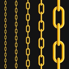 Set of seamless gold chains colored silver isolated on black background. Gold chain seamless pattern. Vector illustration