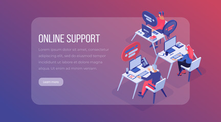 Online support center isometric landing page. Customer service operators at call center office, managers at workplace, assistance team website vector layout. Technical support 3d illustration