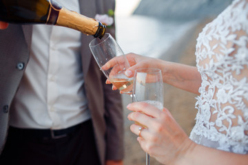 Happy newlywed couple. Beautiful bride and groom in a suit with champagne on a background of mountains.