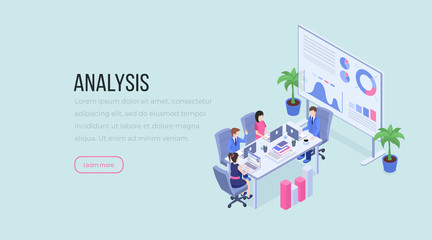 Analysis isometric landing page color template. Teamwork, business negotiations, data analytics, brainstorming, male and female employees website layout. Trainings 3d illustration