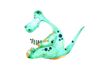 Watercolor children's illustration with a cute green dinosaur in cartoon style. Illustration for t-shirts, fabrics, stickers, posters, postcards, packaging paper, gifts